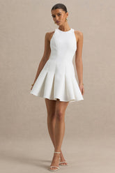Leilani | White Racer-Neck Mini Dress With Ruffling Detail